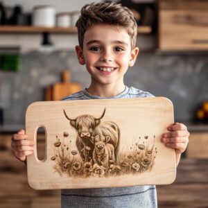 Charcuterie Board Engraving File, Highland Cow Poppy Field,