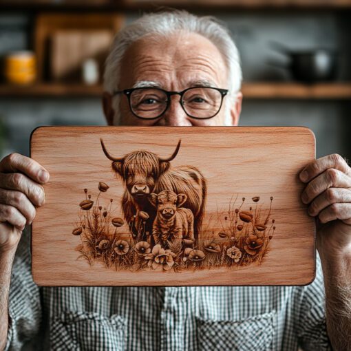 Charcuterie Board Engraving File, Highland Cow Poppy Field,