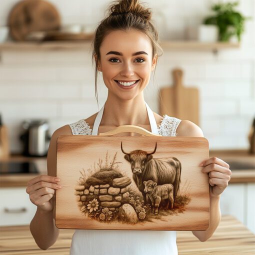 Charcuterie Board Engraving File, Highland Cow Stone Wall,