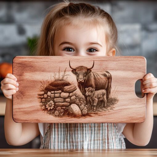 Charcuterie Board Engraving File, Highland Cow Stone Wall,
