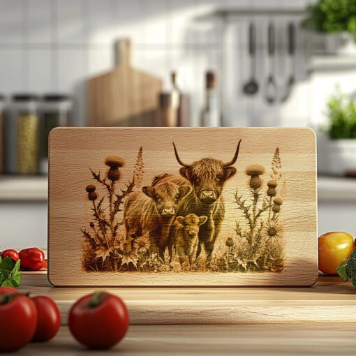 Charcuterie Board Engraving File, Highland Cow Thistle Design,