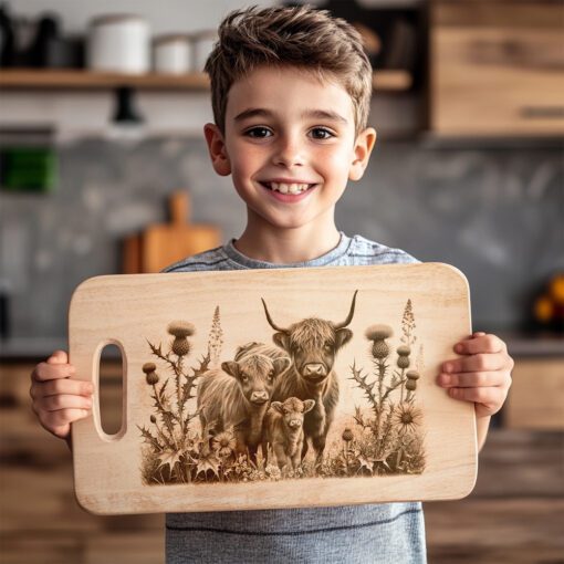 Charcuterie Board Engraving File, Highland Cow Thistle Design,
