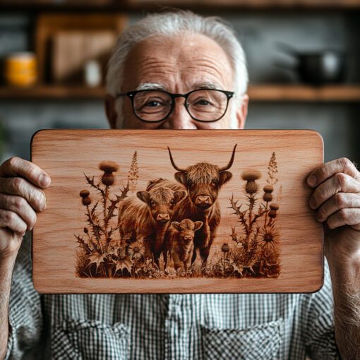 Charcuterie Board Engraving File, Highland Cow Thistle Design,