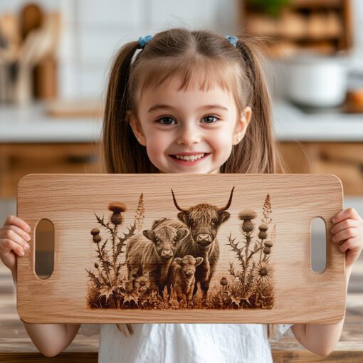 Charcuterie Board Engraving File, Highland Cow Thistle Design,