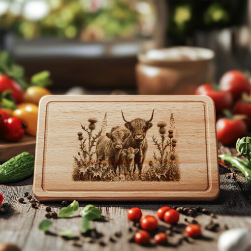 Charcuterie Board Engraving File, Highland Cow Thistle Design,