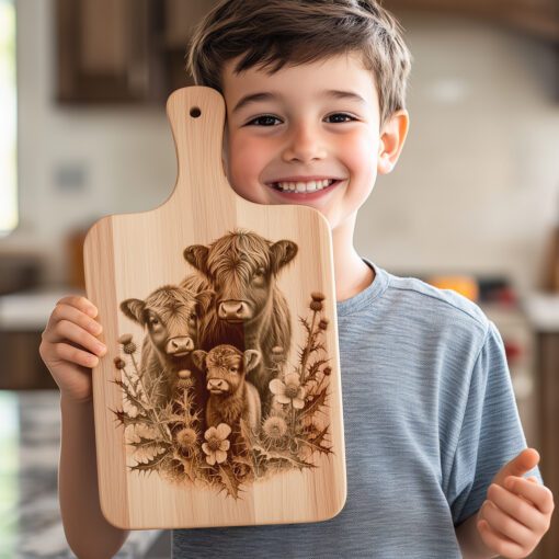 Charcuterie Board Engraving File, Highland Cow Thistle Design,