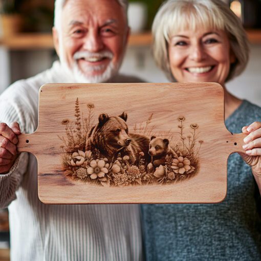 Archivo de grabado láser para tabla de charcutería, decoración de cocina rústica floral con oso cachorro - Imagen 2