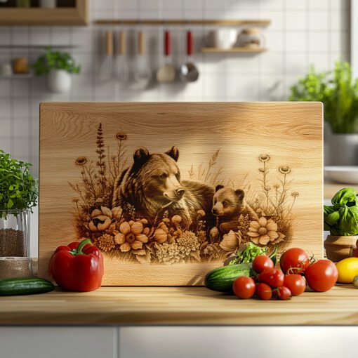 Archivo de grabado láser para tabla de charcutería, decoración de cocina rústica floral con oso cachorro - Imagen 4