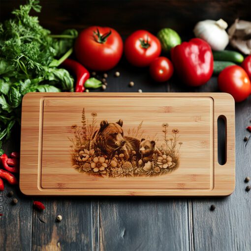 Archivo de grabado láser para tabla de charcutería, decoración de cocina rústica floral con oso cachorro - Imagen 5