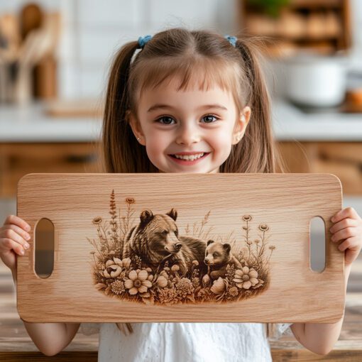 Archivo de grabado láser para tabla de charcutería, decoración de cocina rústica floral con oso cachorro - Imagen 6