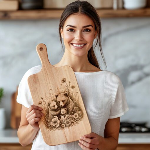 Wurstbrett Laser Gravur Datei, Bär mit Blumen, Rustikale Küchenkunst Vorlage – Bild 4