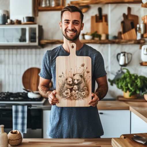 Wurstbrett Laser Gravur Datei, Bär mit Blumen, Rustikale Küchenkunst Vorlage – Bild 5