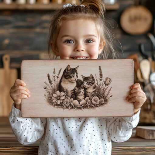Charcuterie Board Laser Engraving File, Cat Family, Floral