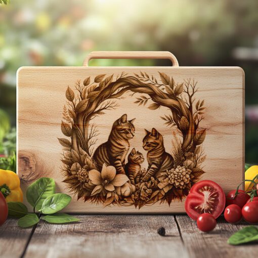 Charcuterie Board Laser Engraving File, Cat Family Floral,