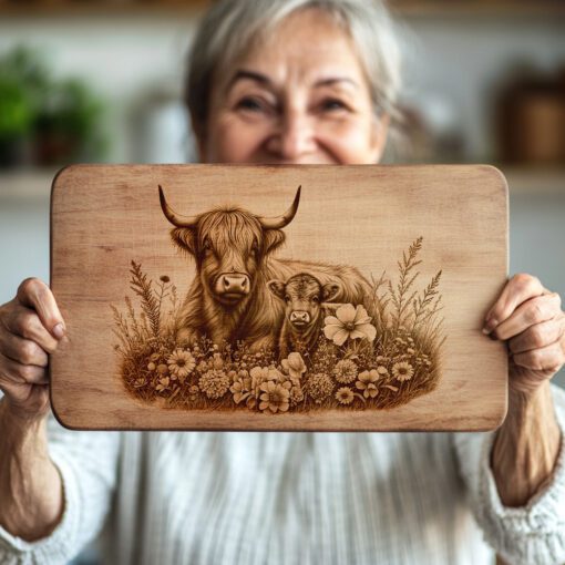 Charcuterie Board Laser Engraving File, Highland Cow Family,