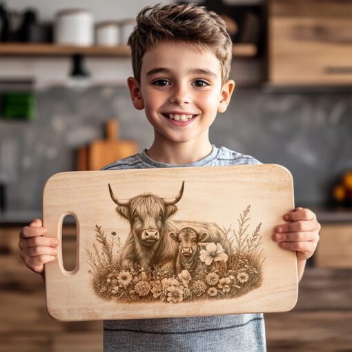 Charcuterie Board Laser Engraving File, Highland Cow Family,