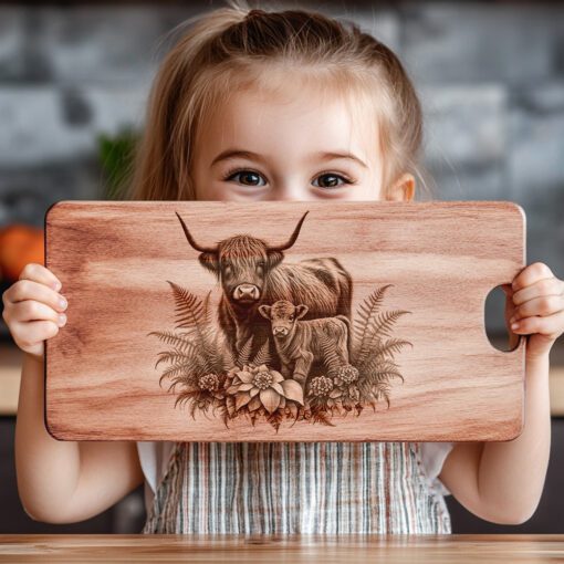 Charcuterie Board Laser Engraving File, Highland Cow Fern