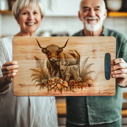 Charcuterie Board Laser Engraving File, Highland Cow Fern