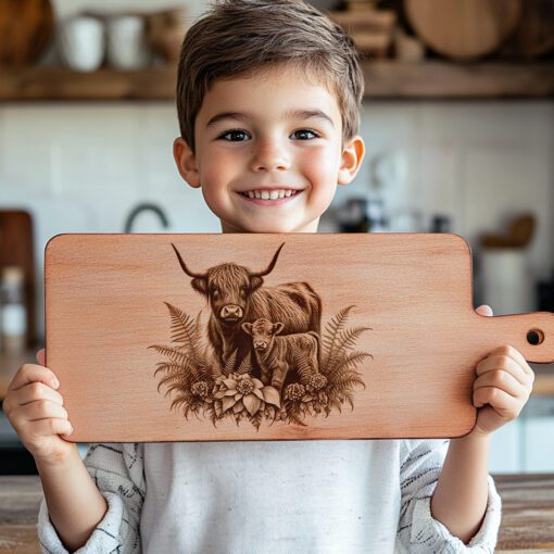 Charcuterie Board Laser Engraving File, Highland Cow Fern
