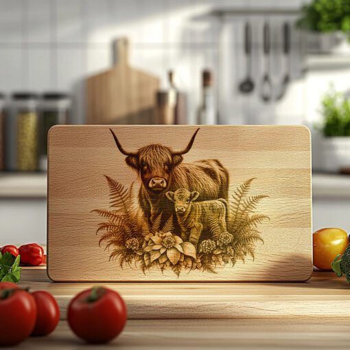 Charcuterie Board Laser Engraving File, Highland Cow Fern