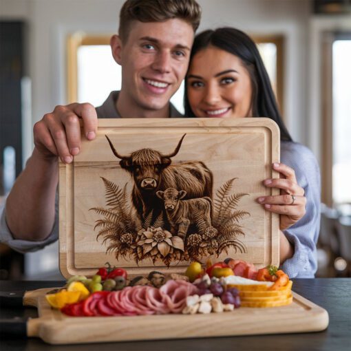 Charcuterie Board Laser Engraving File, Highland Cow Fern