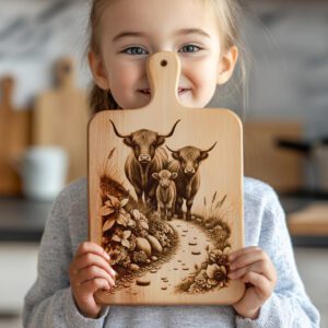 Charcuterie Board Laser Engraving File, Highland Cow Hillside