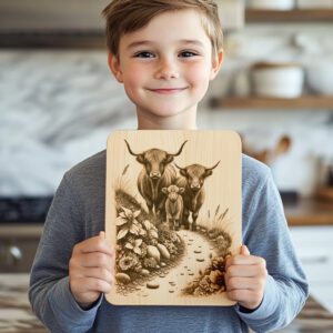 Charcuterie Board Laser Engraving File, Highland Cow Hillside