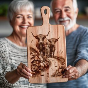Charcuterie Board Laser Engraving File, Highland Cow Hillside