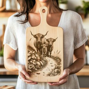 Charcuterie Board Laser Engraving File, Highland Cow Hillside