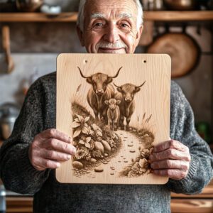 Charcuterie Board Laser Engraving File, Highland Cow Hillside