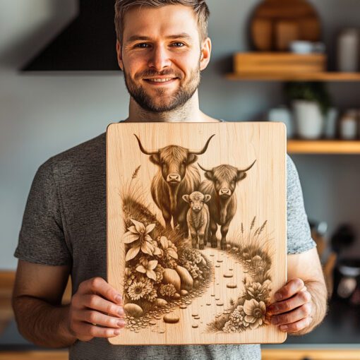 Charcuterie Board Laser Engraving File, Highland Cow Hillside