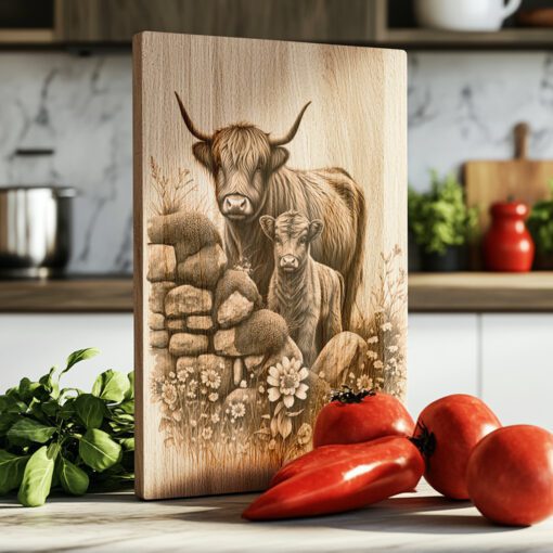 Charcuterie Board Laser Engraving File, Highland Cow Trio,