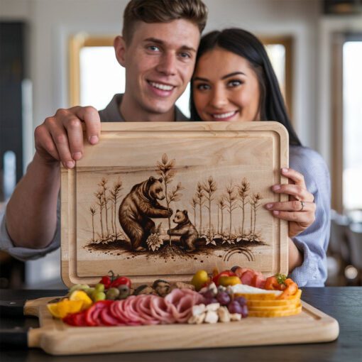 File per Incisione Laser Tagliere Salumi, Disegno Albero con Due Orsi, Decorazione Cucina Bosco - immagine 2