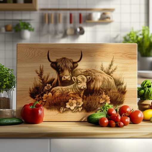 Charcuterie Board Laser Engraving, Highland Cows, Rustic Kitchen