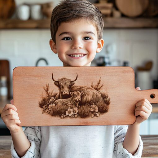 Charcuterie Board Laser Engraving, Highland Cows, Rustic Kitchen