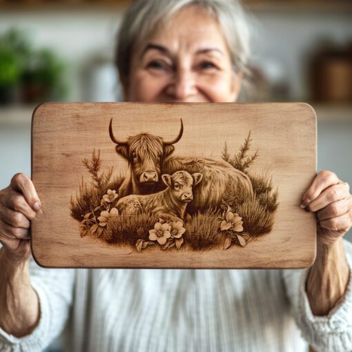 Charcuterie Board Laser Engraving, Highland Cows, Rustic Kitchen