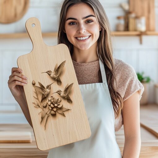 Hummingbird Family 3D Illusion Charcuterie Board Laser Engraving