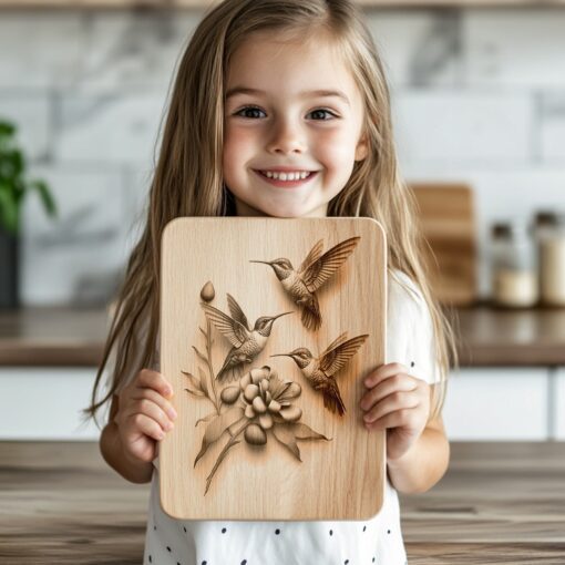 Hummingbird Family 3D Illusion Charcuterie Board Laser Engraving