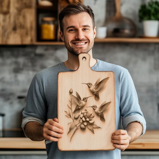 Hummingbird Family 3D Illusion Charcuterie Board Laser Engraving