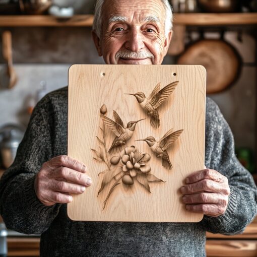 Hummingbird Family 3D Illusion Charcuterie Board Laser Engraving