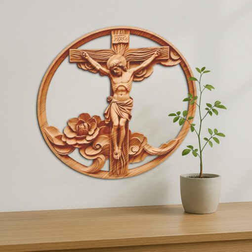 Jesus 3D Illusion Laser Engraving Design, Cross Floral