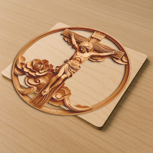 Jesus 3D Illusion Laser Engraving Design, Cross Floral