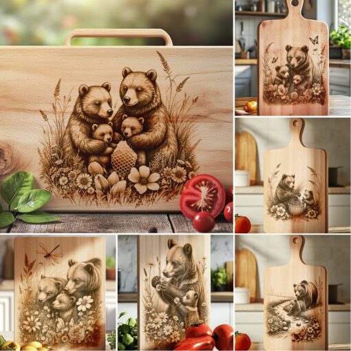 Bear Family Charcuterie Board Laser Engraving Bundle, Woodland