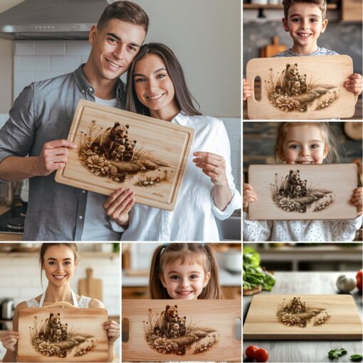 Bear Family Charcuterie Board Laser Engraving Designs, Rustic