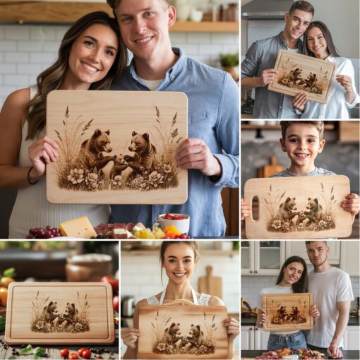 Bear Family Charcuterie Board Laser Engraving Designs, Rustic