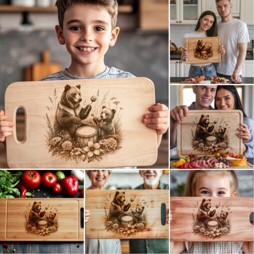 Bear Family Charcuterie Board Laser Engraving Designs, Rustic