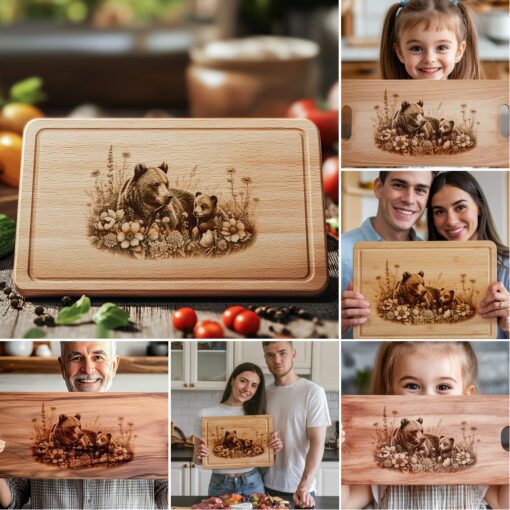 Bear Family Charcuterie Board Laser Engraving Designs, Rustic