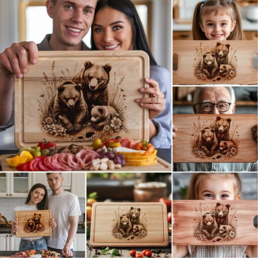 Bear Family Charcuterie Board Laser Engraving Files, Rustic