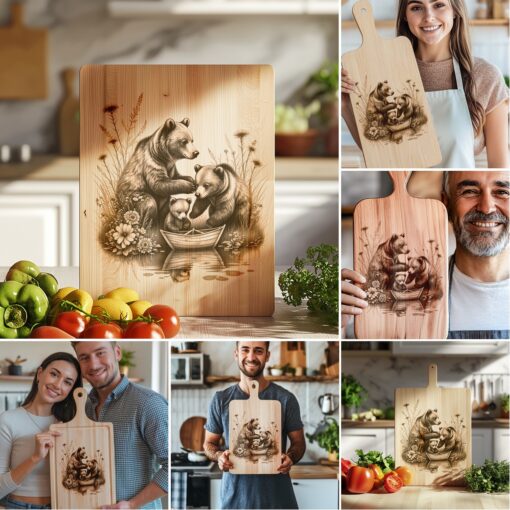 Bear Family Charcuterie Board Laser Engraving Files, Rustic
