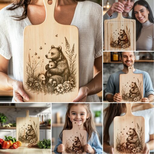Bear Family Charcuterie Board Laser Engraving Files, Rustic